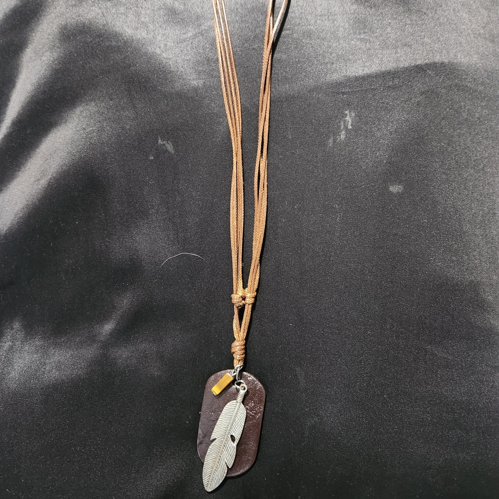 Adjustable Boho Brown Leather Necklace with Silver Feather And Tigers Eye Charm